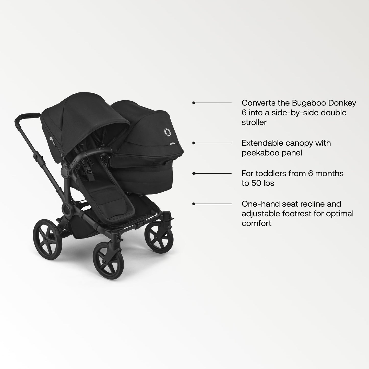 Bugaboo Donkey 6 Sibling Seat – Complete Second Seat Kit for Side-by-Side Double Stroller Conversion, Reversible & Reclining Toddler Seat with Sun Canopy – Heritage Black