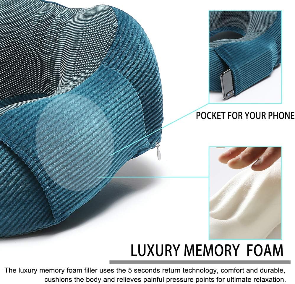 Memory Foam Neck Pillow with 360-Degree Head Support, Lightweight Travel Airplane Pillow with Storage Bag for Sleeping,