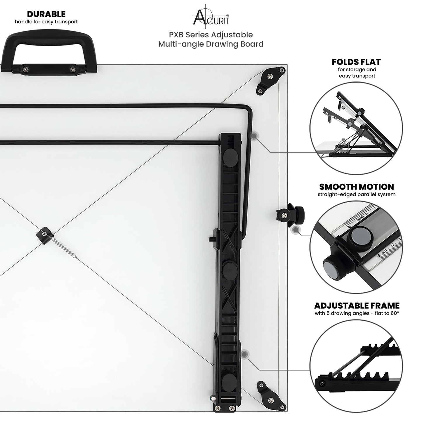 Acurit Multi-Angled 24”x36” PXB Drawing Board for Artists and Designers - Portable Tabletop Workspace, Drawing, Sketching, Drafting, Painting - Portable Laminated Surface w/Ruler & Parallel Motion Bar