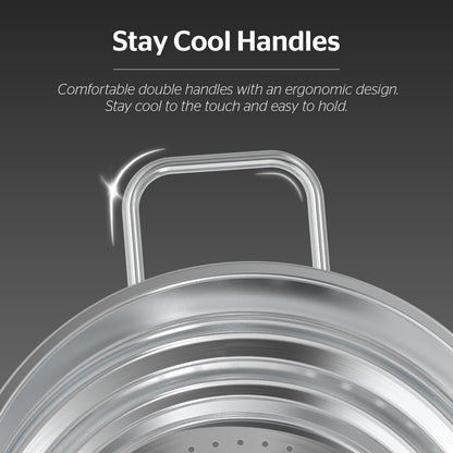 SUNHOUSE 5 Quart Stainless Steel Steamer Insert – Multi-Purpose Soup & Food Steamer with Stay-Cool Handles & Heavy-Duty Glass Lid – Fits Various Pot Sizes (8", 8.5", 9.5")