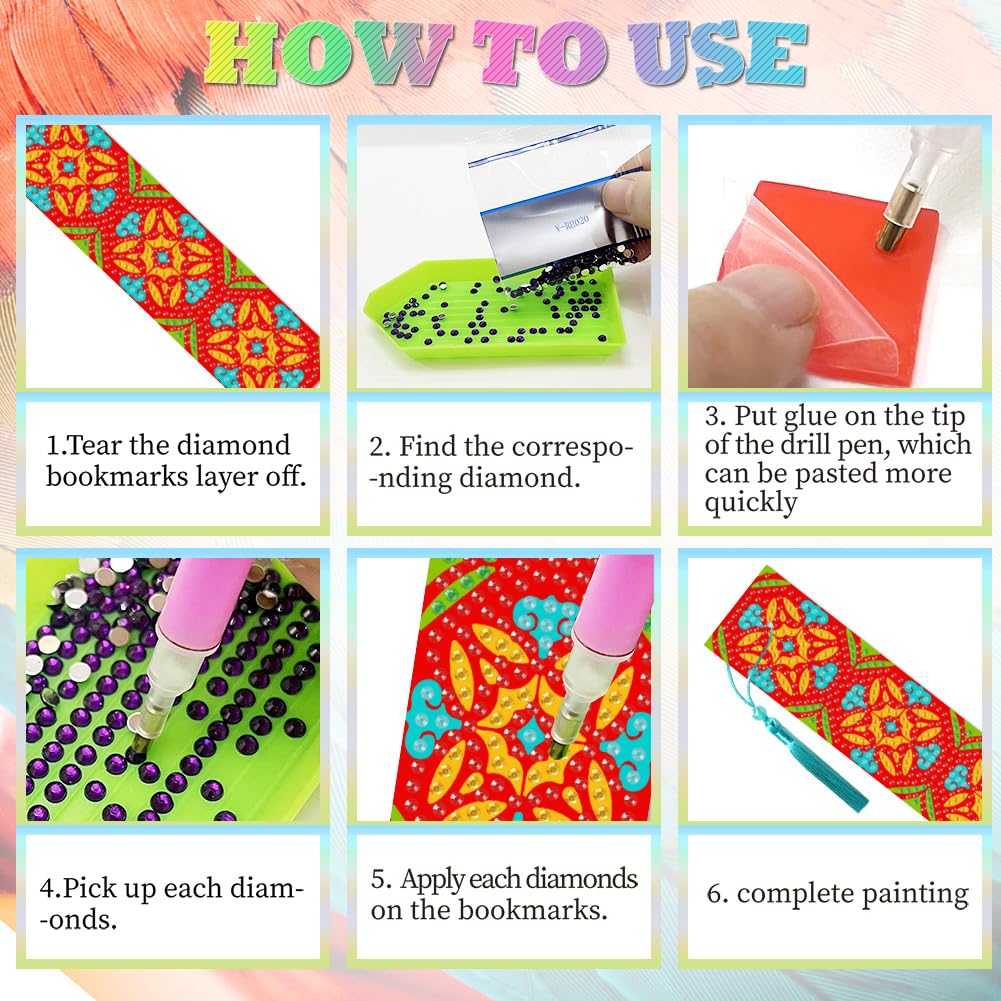 beinkmake 6Pcs Geometric 5D Diamond Art Bookmarks Vintage Floral Diamond DIY Painting Bookmarks Rhinestones Beaded Acrylic Tassel Bookmark for Adult Beginner Crafts