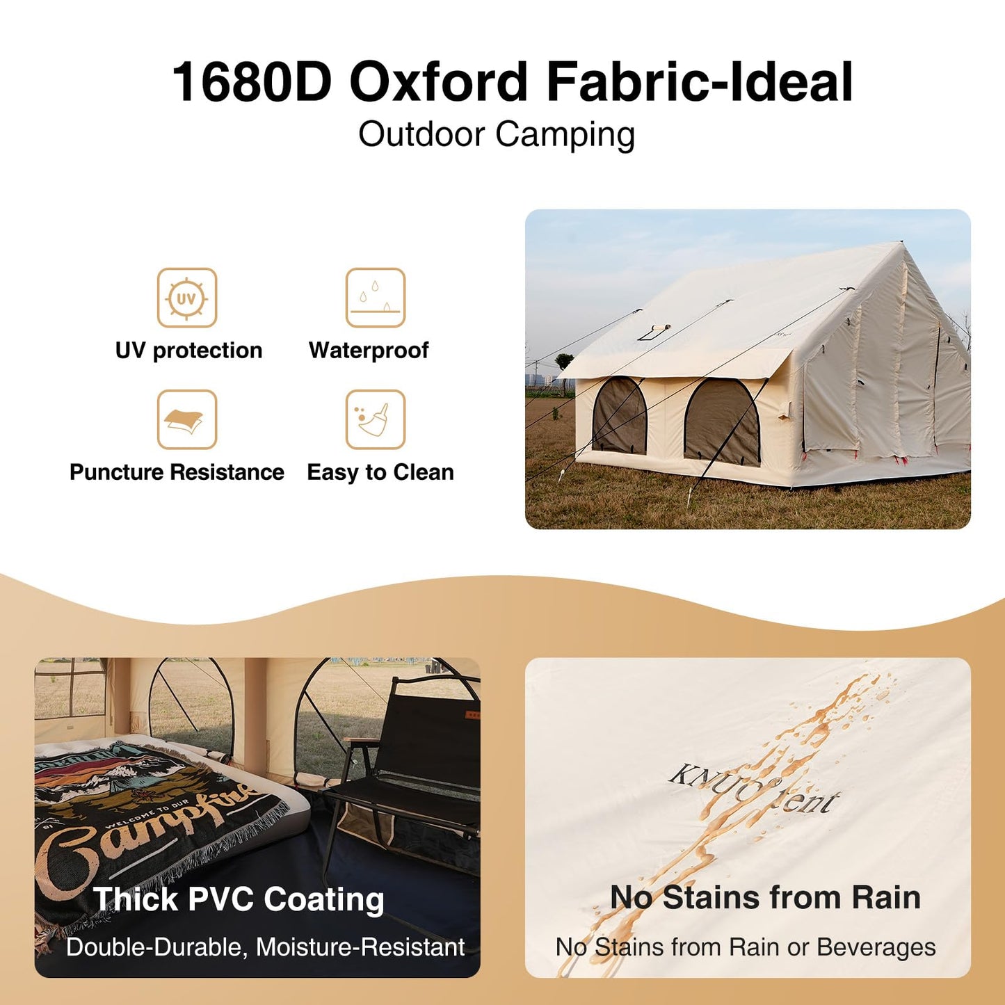 KNUO 2026 Upgraded Waterproof Inflatable Camping Tent for 5-8 People, Large Blow-Up Air Tent, No Assembly Needed Luxury Glamping House, 10x10ft Oxford Fabric, Beige