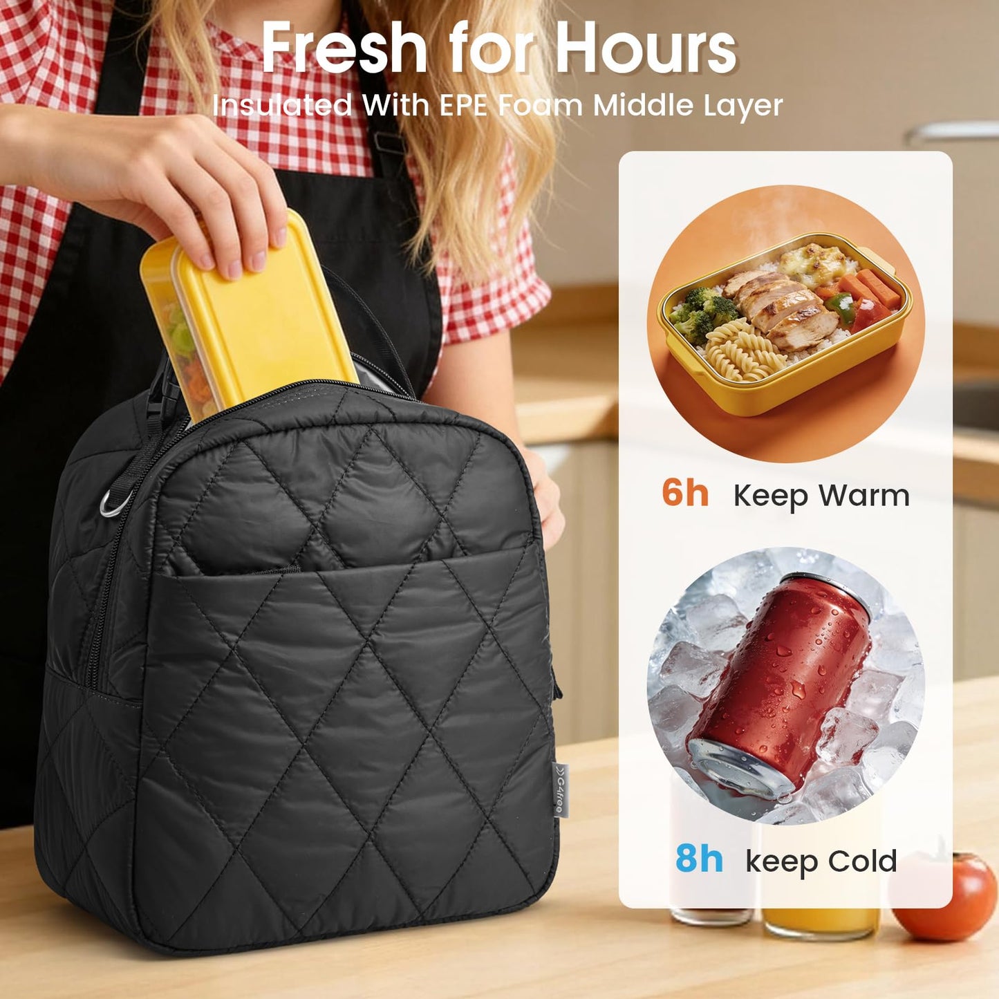 G4Free Large Insulated Lunch Bag, Leakproof Quilted Lunch Box Women Men, Reusable Puffer Lunch Bag For Work Picnic Travel, Black