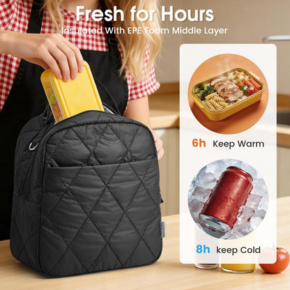 G4Free Large Insulated Lunch Bag, Leakproof Quilted Lunch Box Women Men, Reusable Puffer Lunch Bag For Work Picnic Travel, Black