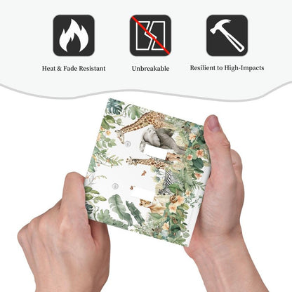Ihsourgnitnem Decorative Switch Plates Tropical Leves And Safari Animals 2 Gang Double Toggle Outlet Light Switch Cover Wall Plate Electrical Faceplate For Nursery Kids Room Decor