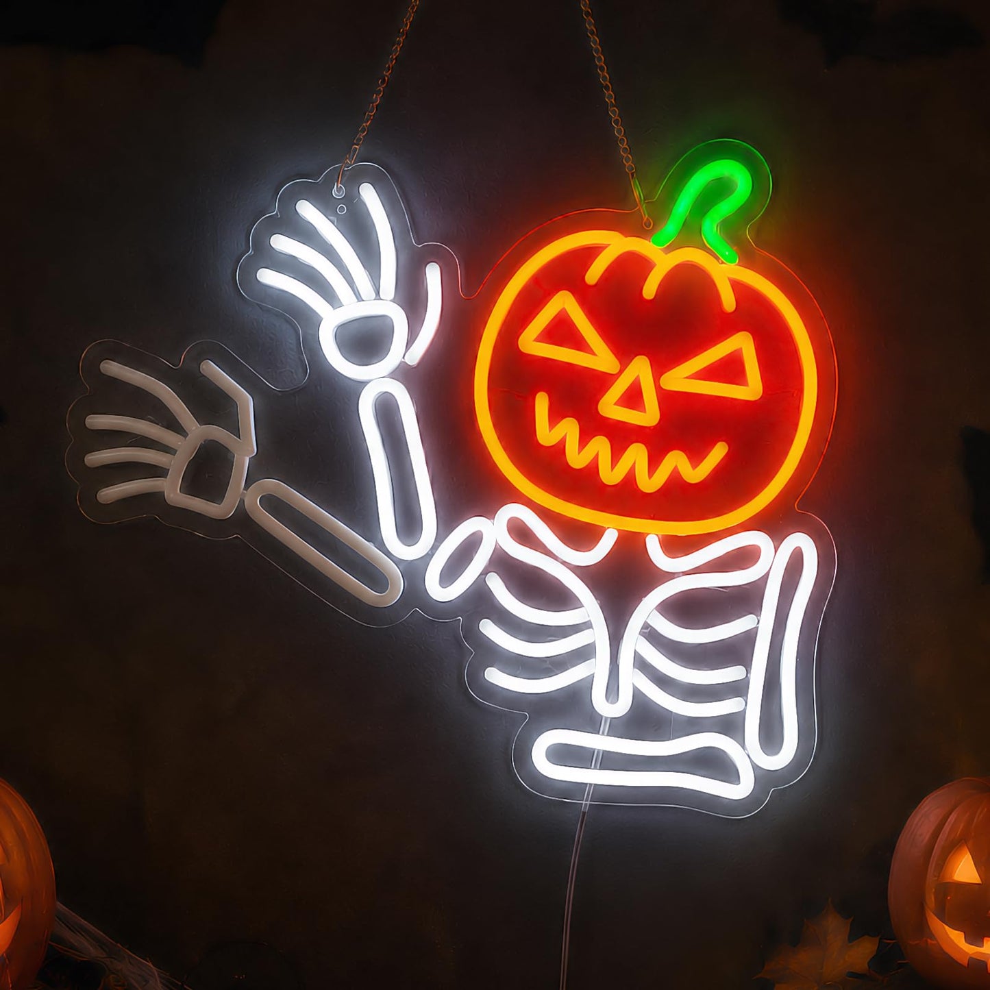 Waving Pumpkin Skeleton Neon Sign, Flashing Halloween Neon Sign, Dimmable Skull Led Light for Wall Decor, Halloween Decorations for Home, Party, Bar, Window