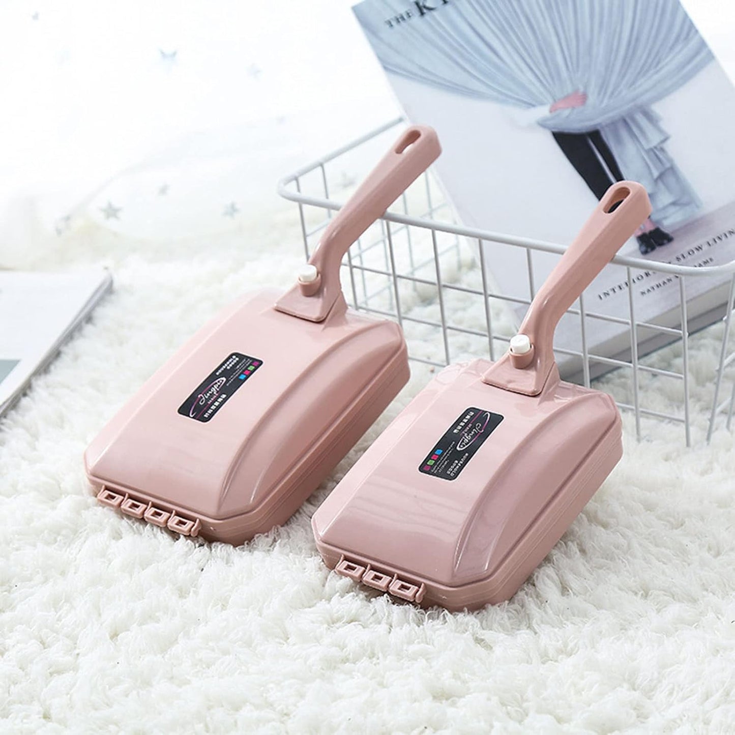 2Pcs Handheld Carpet Brush - Triple Brush Head Carpet Table Sweeper Pet Hair Cleaning Collector Brush (Blue+Pink)
