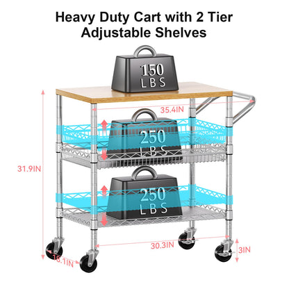 WDT 3 Tier Rolling Kitchen Carts with Wheels, Heavy Duty Rolling Utility Cart with Wood Tabletop, Commercial Grade Metal Cart with Handle and Hooks, NSF Storage Serving Island Carts, Light Wood+Metal