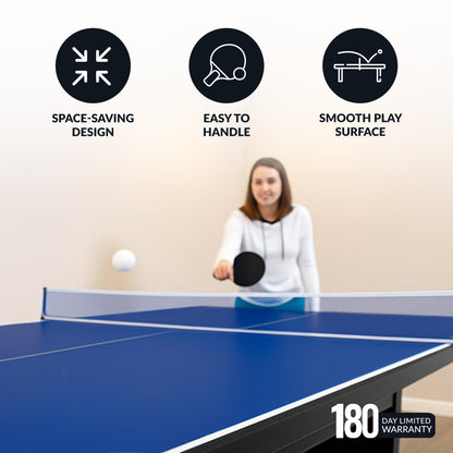 Hathaway 9 ft Quick Set Table Tennis Conversion Top – Regulation Sized, Foldable, Durable Engineered Surface, Protection Pads – Indoor Ping Pong Table Topper for Pool Table w/Net & Posts – Blue