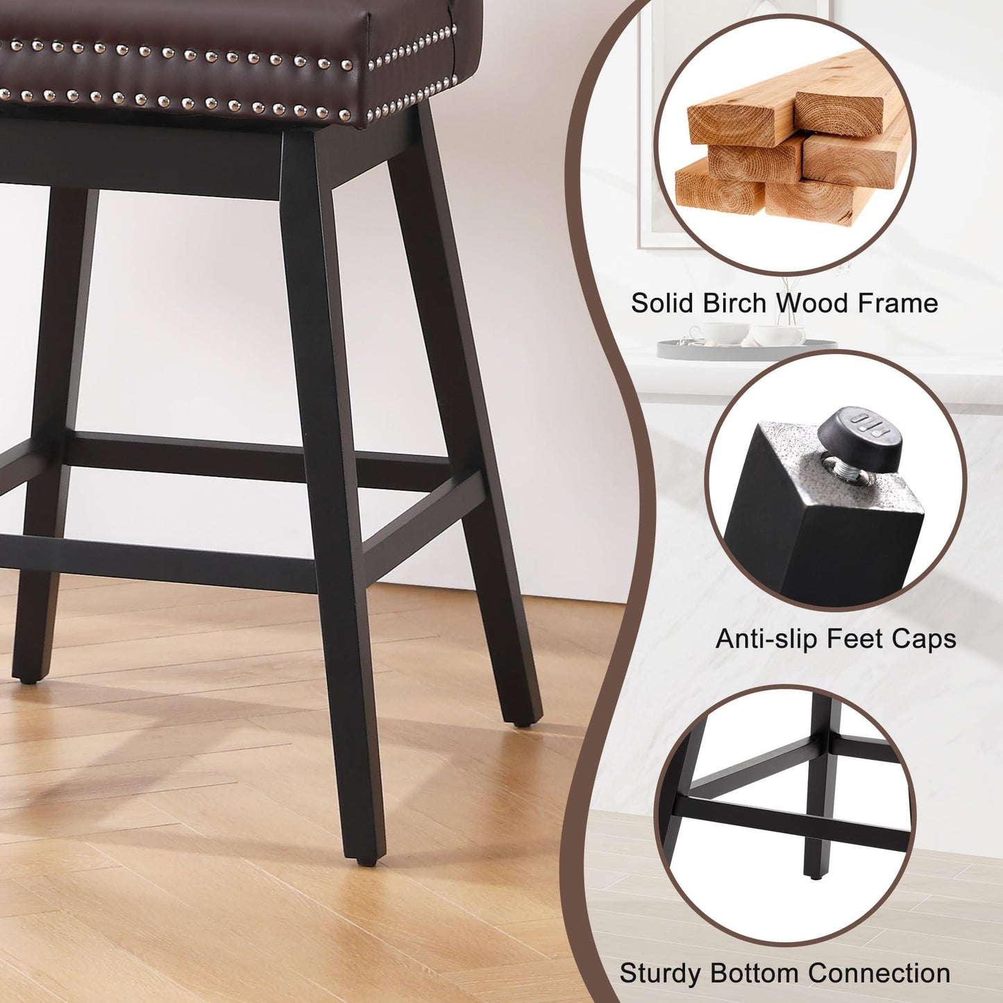 Fahomiss Brown Leather Swivel Bar Stools Set of 4 with Back, 26 Inch Counter Height Chairs, Solid Wood Legs, Tufted Seat, Comfortable and Stylish for Kitchen, Island, Home Bar（Brown, 4 Pack, 26" H）