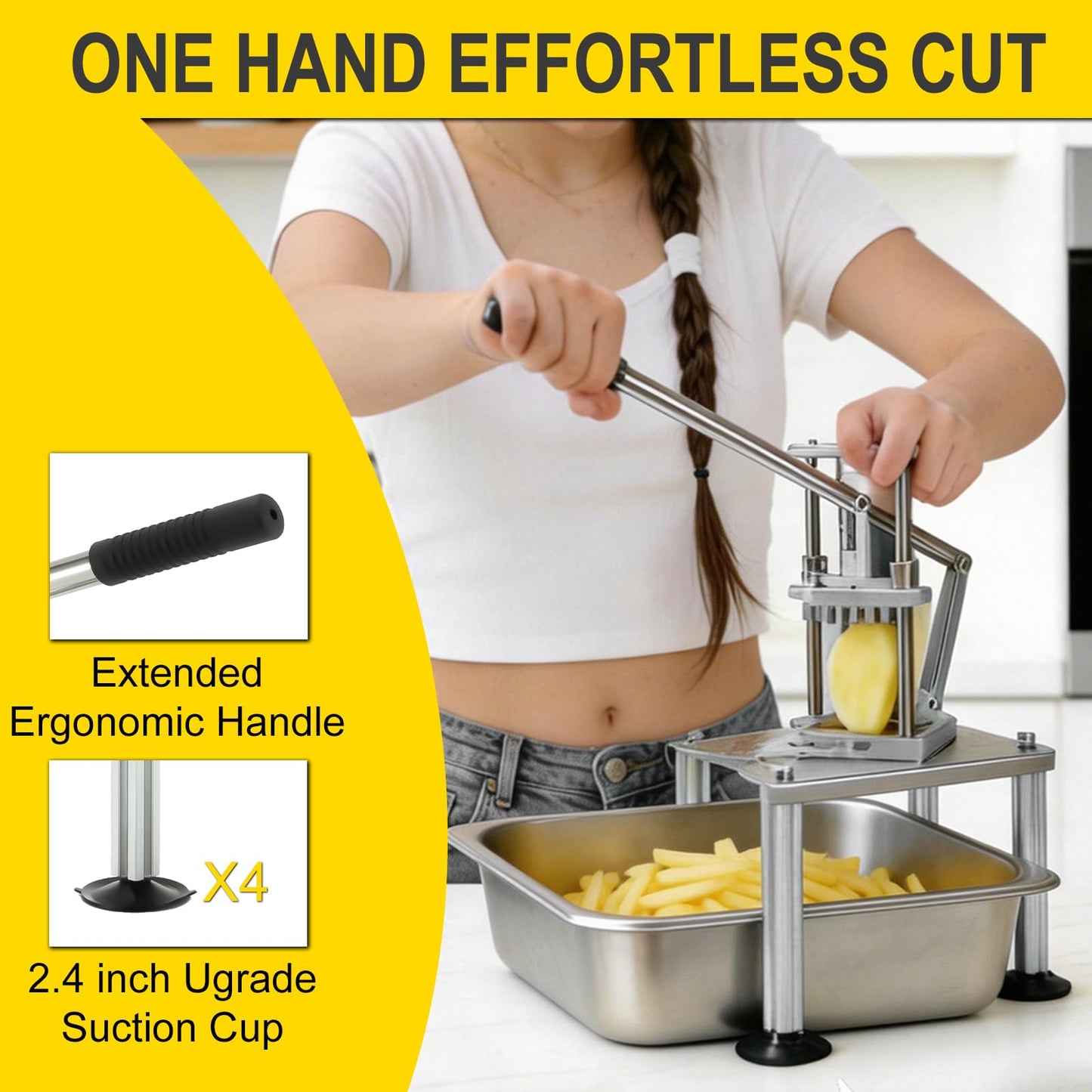 Commercial Heavy Duty French Fry Cutter, Stainless Steel Potato Slicer with 1/2" & 3/8" 2 Blades, Strong Suction Manual Vegetable Cutter for Restaurant, Food Truck, Home Commercial Kitchen