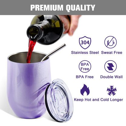 BetterSub 8 Pack 12oz Glitter Purple Wine Tumblers - Double Wall Insulated Sublimation Blanks, Stainless Steel Cups With Lid, Glitte,Metal Straw, Brush, Display Box (Glitter Purple)