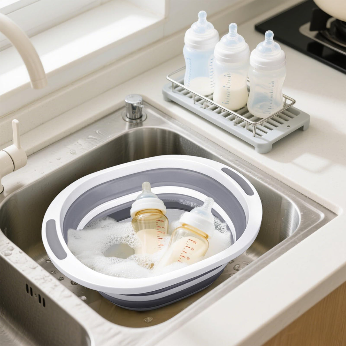 Collapsible Wash Basin, 7.5L Dish Tub Sink Basin Folding Dish Pans for Kitchen Sink, 2-in-1 Dishpan + Cutting Board, Portable Sink Dish Basin for Camping BBQ Prep Tub Washing Bin Bucket for Cleaning