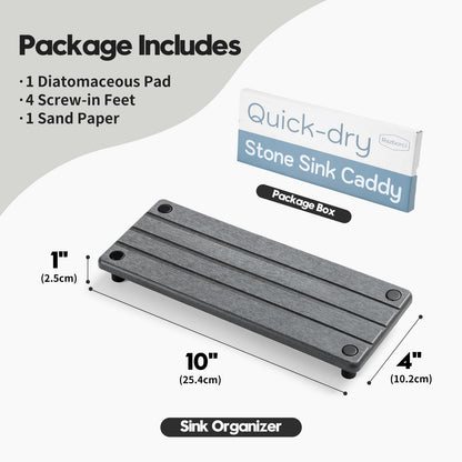 Sink Caddy Kitchen Sink Organizer, Water Absorbing Stone Tray for Sink,Diatomite Bathroom Counter Tray,Faucet Drying Mat Protector Coaster Soap Dish Rack Riser Vanity Dispenser Sponge Holder,10" x 4"