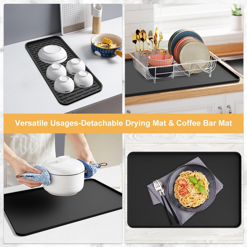 Silicone Coffee Mat,16''x16'' Coffee Bar Mat with Detachable Dish Drying Mat for Kitchen Countertops,Coffee Bar Accessories Fit Under Coffee Maker Coffee Machine Coffee Pot Espresso Machine Dish Rack