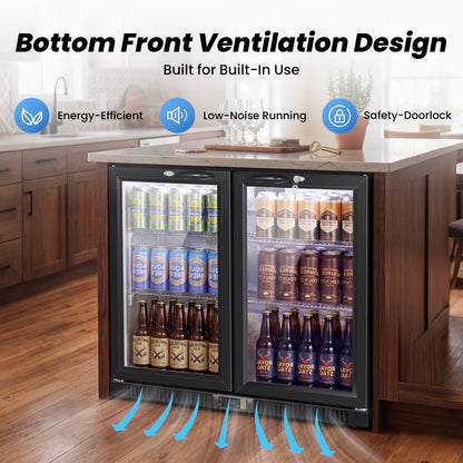 35.42" W Commercial Under Counter Beverage Refrigerator, 2 Glass Door Back Bar Cooler, Built-in/Freestanding 7.4Cuft Drink Fridge with LED Light, Auto Defrost, Low-E Glass & Safety Lock, Rebound door