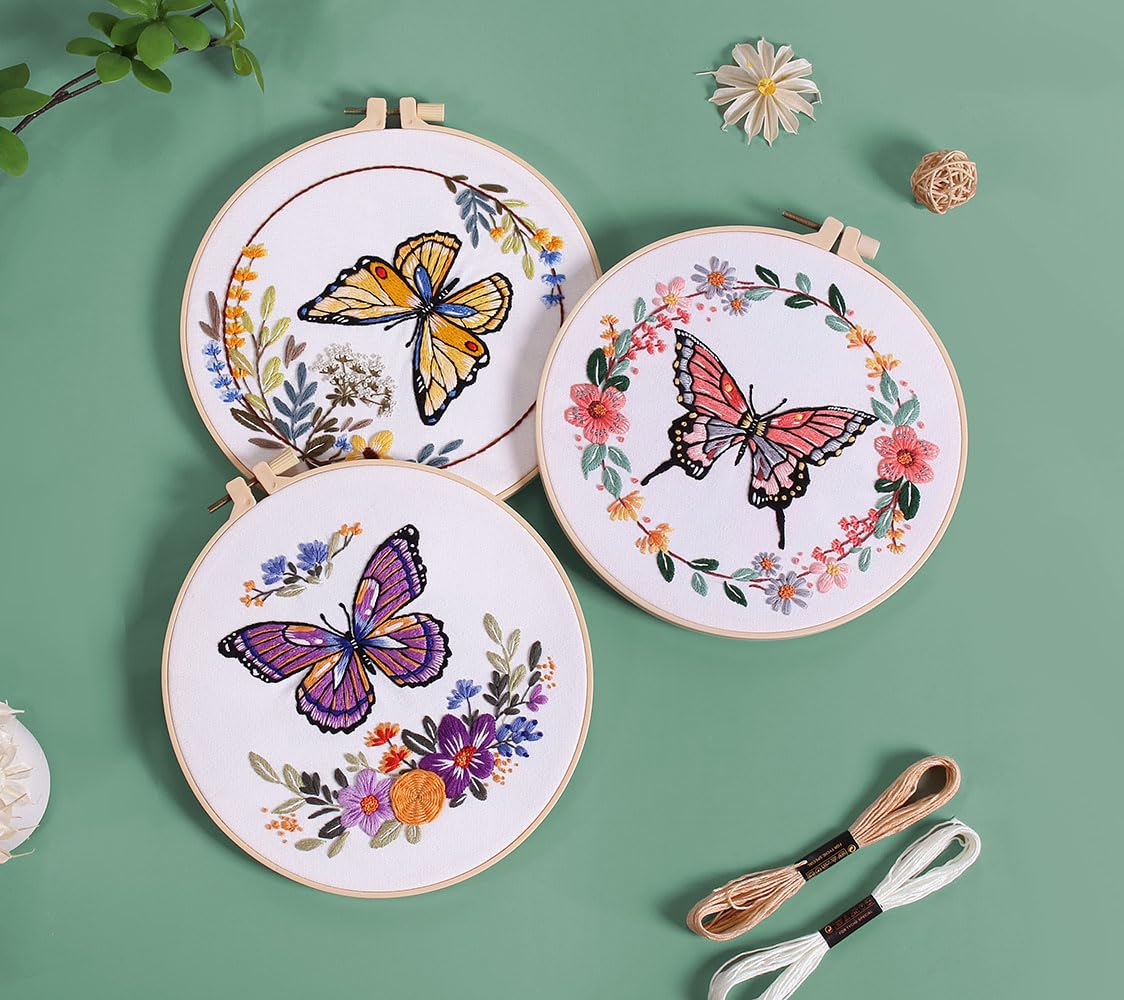 Mozzyyee 3 Sets Embroidery Starter Kit for Beginners Adults Include 3 Embroidery Clothes with Instructions Hoops Floss Thread Fabric Needles (Butterfly)