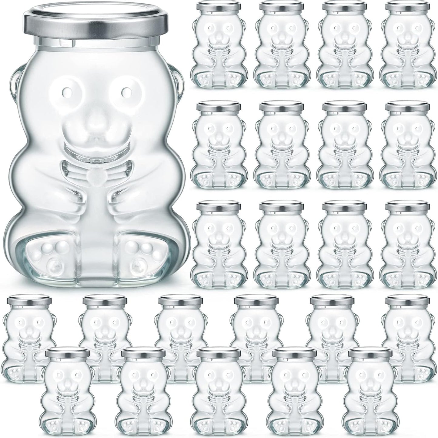 24 Pack 9.5 oz Patelai Glass Bear Shaped Honey Jars with Lids Reusable Small Tilted Bear Glass Bottles Containers