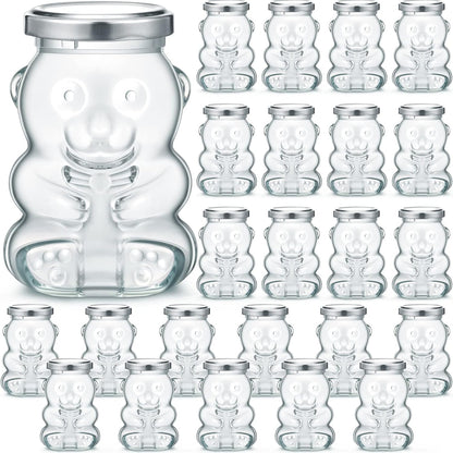 24 Pack 9.5 oz Patelai Glass Bear Shaped Honey Jars with Lids Reusable Small Tilted Bear Glass Bottles Containers