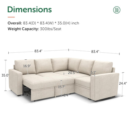 HONBAY Modular Sectional Sleeper Sofa with Pull Out Bed, L Shaped Couch with Storage Seat, Convertible Sectional Couches for Living Room, Beige