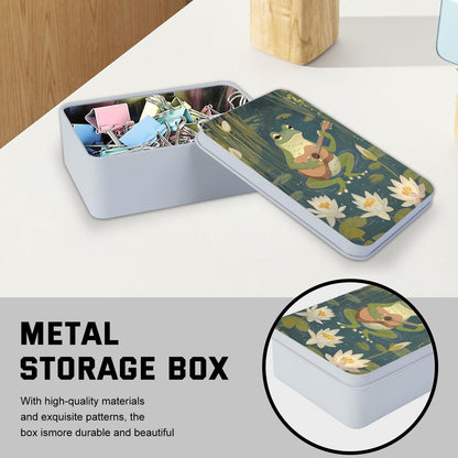 VACGBJPG Metal Tin Box with Lid,Multi-functional Storage Large Box Can Store Tea Biscuits Game Cards, Playing & Tarot Cards-Comes with 4 Magnetic Cord Clips,Frog Playing Guitar