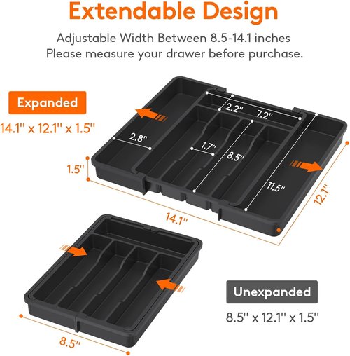 Lifewit Expandable Silverware Organizer Set - Adjustable BPA-Free Plastic Storage for Cutlery & Utensils | Black
