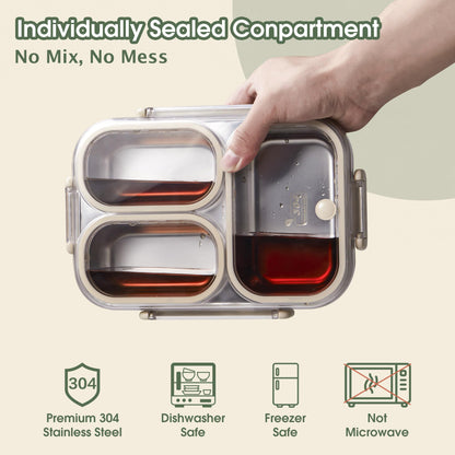 Kabbas Stainless Steel Bento Box Kids & Adults - 25 oz Leakproof Lunch Box with 3 Compartments, Premium 304 Stainless Steel Lunch Box for Kids, Dishwasher Safe, Suitable for School, Office, Outside
