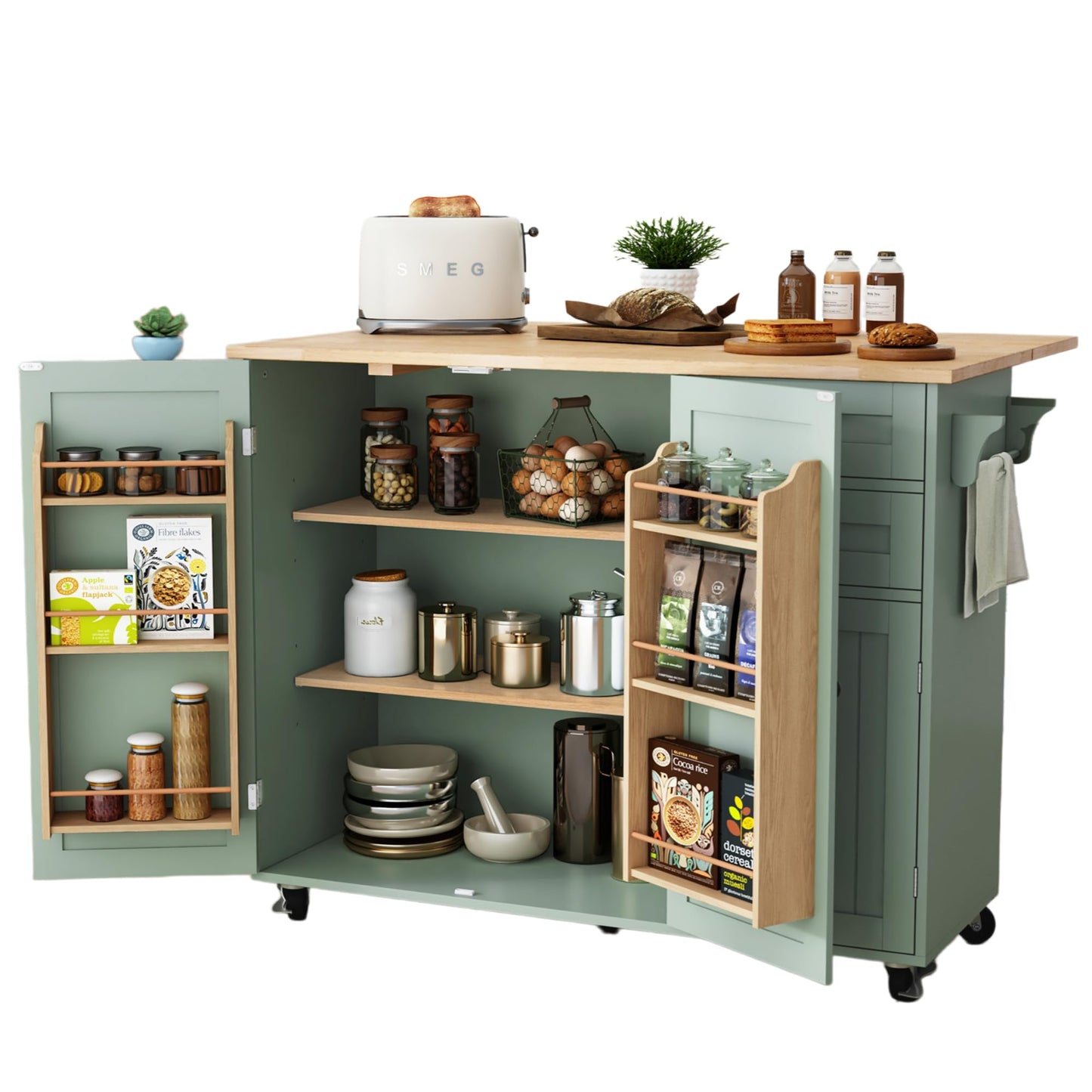 HLR Kitchen Island with Storage, Sage Green Rolling Kitchen Cart on Wheels with Drop-Leaf Bar Countertop, Islands Prep Table with Side Open Spice Rack and Tower Rack, Extra Storage for Kitchen