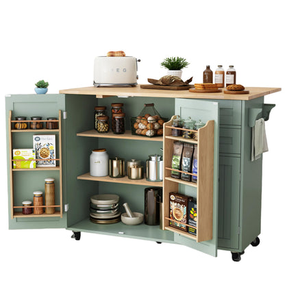 HLR Kitchen Island with Storage, Sage Green Rolling Kitchen Cart on Wheels with Drop-Leaf Bar Countertop, Islands Prep Table with Side Open Spice Rack and Tower Rack, Extra Storage for Kitchen
