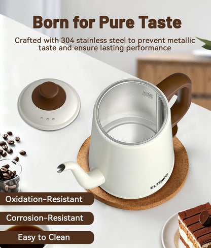 ELTRIKO Gooseneck Electric Kettle, 1L Water Boiler, Pour Over Coffee & Tea, 1000W Fast Heating, Stainless Steel, Auto Shut-Off & Boil-Dry Protection, BPA-Free (White)