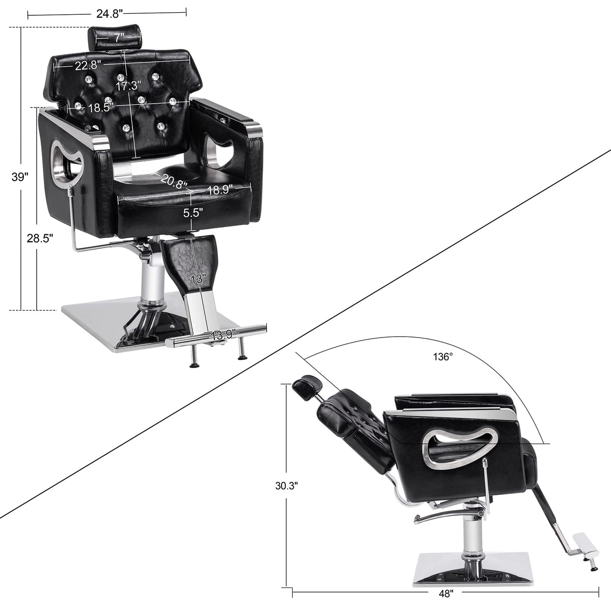 BarberPub Barber Chair Reclining Salon Chair for Hair Stylist, Antique Hair Spa Salon Styling Beauty Equipment 8132 (Black)