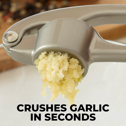Zulay Kitchen Premium Garlic Press Set - Rust Proof Professional Garlic Mincer Tool - Easy-Squeeze, Easy-Clean with Soft, Ergonomic Handle - Silicone Garlic Peeler & Brush (Silver)