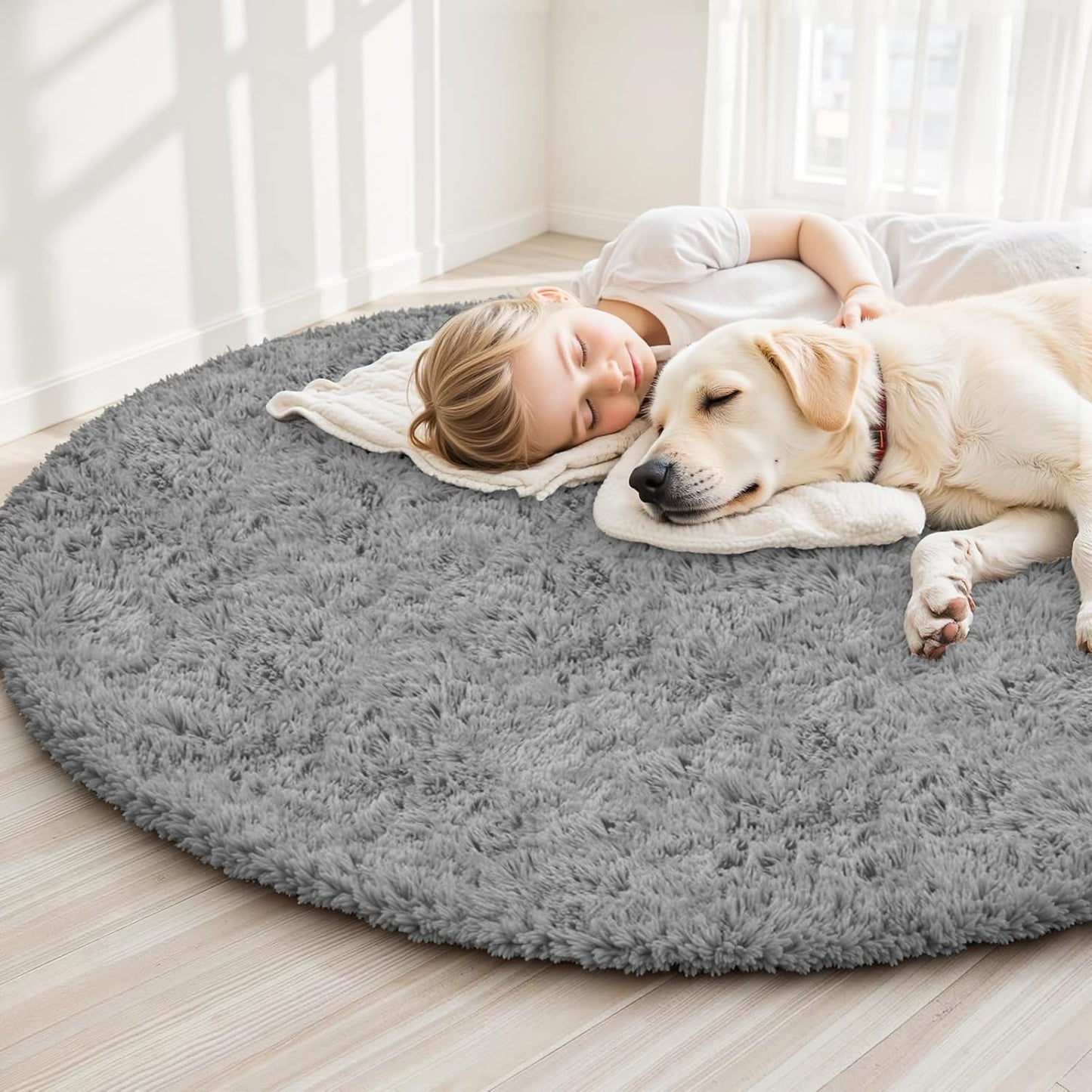 Xafir 6ft 6"x6") Light Gray Round Fluffy Rug Plush Fuzzy Shaggy Carpet,Soft Rugs for Living Room for Nursery,Preppy
