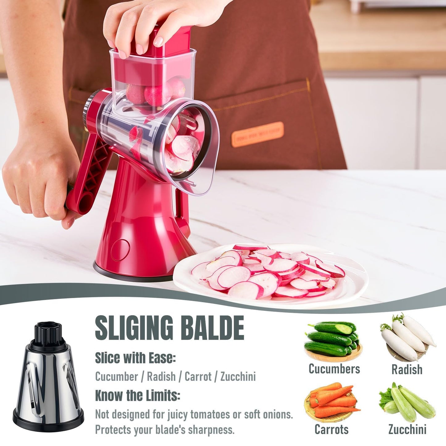 KYZ Rotary Cheese Grater - 12X Faster Hand Crank Vegetable Slicer with 3 Premium Stainless Steel Blades, Strong Suction Base, Dishwasher Safe Food Shredder for Cheese, Vegetables, Nuts, Chocolate