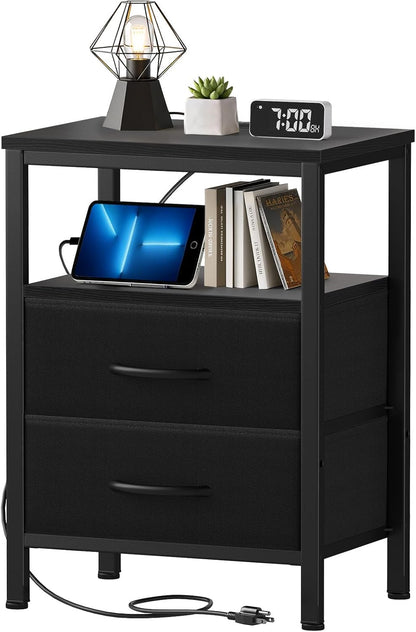 2 Nightstand with Charging Station, Bedside Table with USB Ports & Outlets, Small Dresser End Table with Fabric Drawer