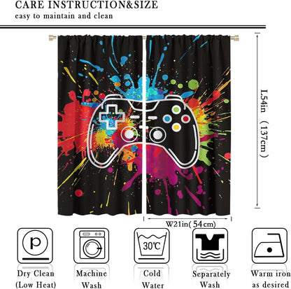 Gamer Curtains for Boys Kids Bedroom, Cool Gaming Decor, Neon Gamepad Teens Curtains for Bedroom Window Treatment Set
