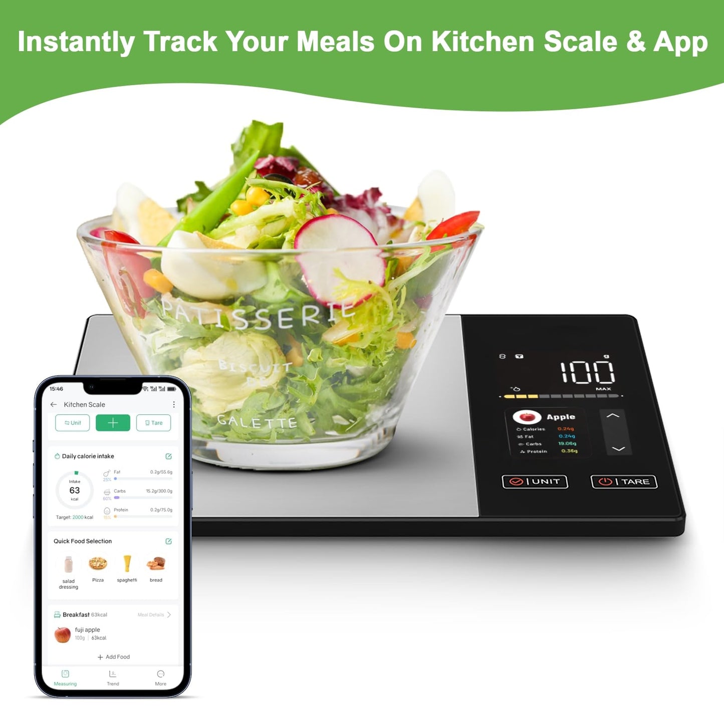 Ocycund Smart Food Scale with Nutritional Calculator, Digital Kitchen Scale for Weight Loss, Free App with 23 Nutrients & Calorie Tracking, Digital Weight Grams & Ounces, 11 lb/5 kg