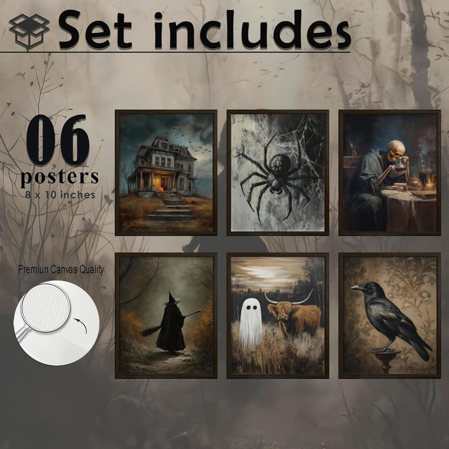 6Pcs Halloween Wall Art Creepy Dark Academia Wall Decor Pictures Ghost Wizard Skeletons Canvas Posters Prints for Gallery Living Room Bedroom Office Unframed