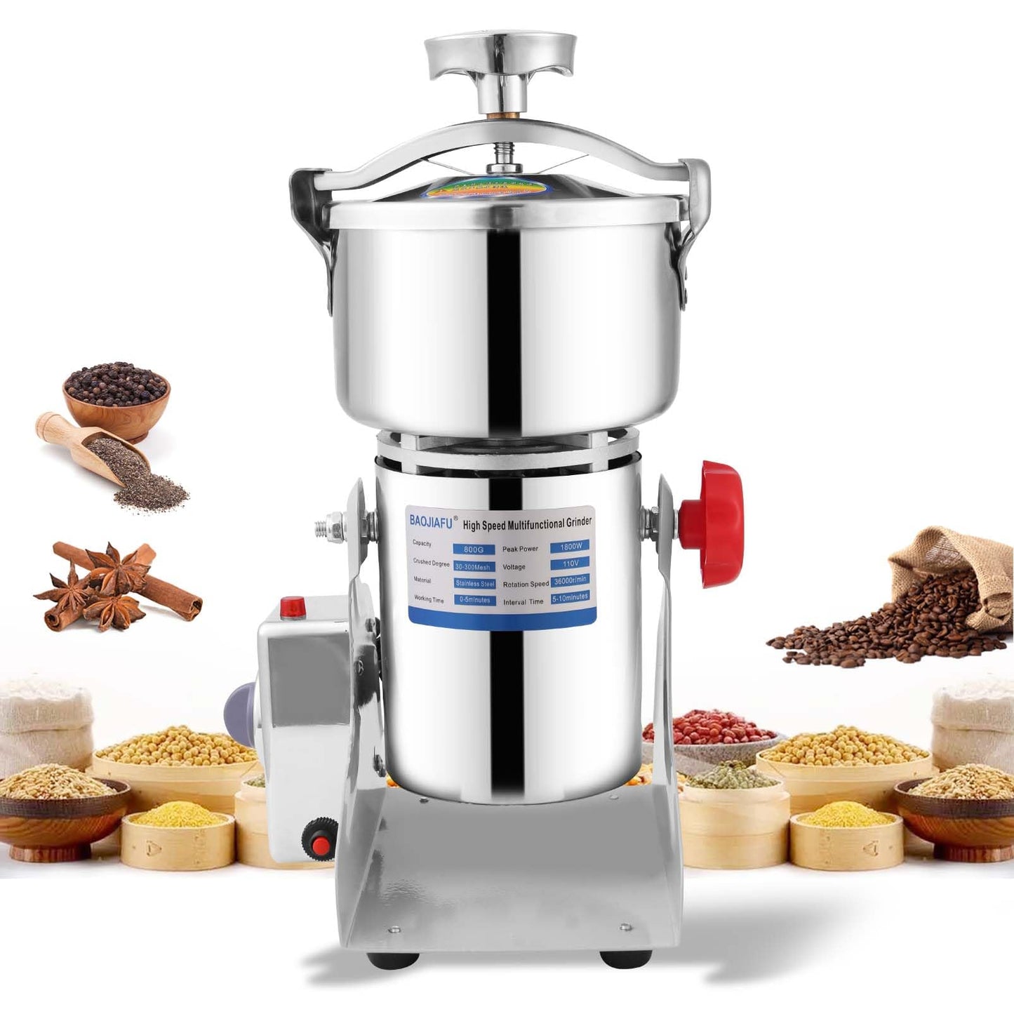 BAOJIAFU 800g Electric Grain Mill 36000r/min High-speed Grain Mill 1800W Superfine Powder Grinder Dry Grinder Machine 270° swingable Dry Material Grinding Machine 304 Stainless Steel herb grinder