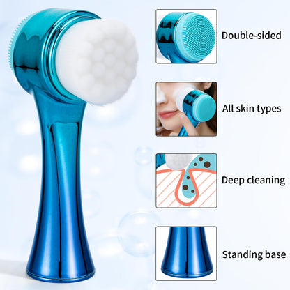Face Brush 2 in 1, Facial Cleansing Exfoliating Scrubber Brush, Silicone Double Side Manual Face Wash Scrub Brush with Soft Bamboo Charcoal Fiber for Deep Pore Cleansing, Massaging, Skin Care