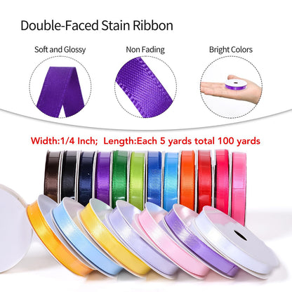 Ribest 1/4 Inch Solid Double Face Satin Ribbon Set for Gift Wrapping Hair Bows Craft Sewing-100 Yards (5 Yards*20 Colors)