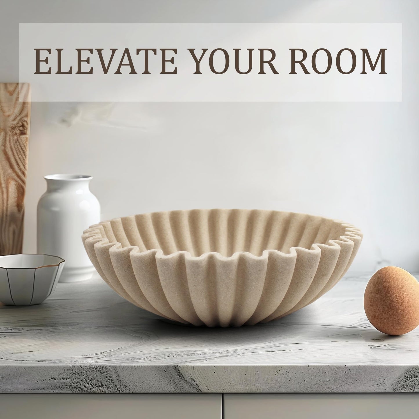 LIN CHUAN Ruffle Decorative Bowl, Large Fruit Bowl for Kitchen Counter, Stylish Key Bowl for Entry Table, Handcrafted Home Decor Display bowl, Artificial Stone Beige