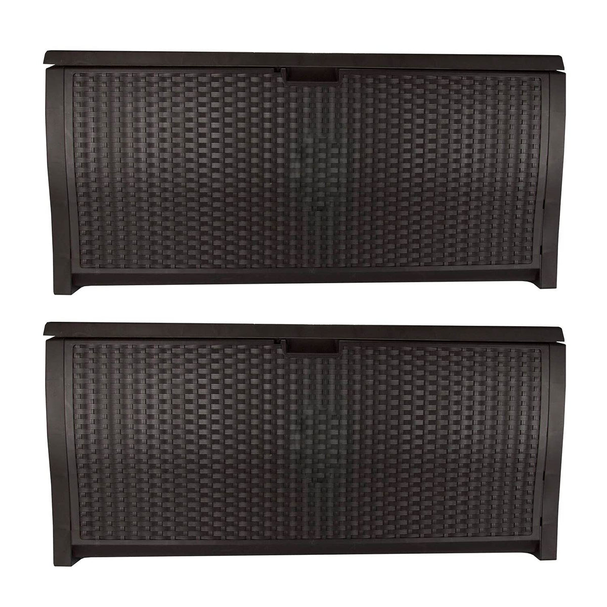 Suncast 99 Gallon Plastic Wicker Deck Box Container Storage for Garden, Garage, Home, Pool, Indoor and Outdoor Use, Mocha (2 Pack)