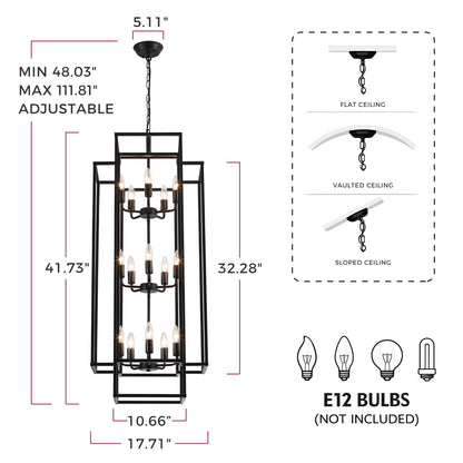 Xuridongsheng 15-Light Lantern Chandelier for Foyer Large Black High Ceiling Chandelier with 3-Tier Candle Design, Modern Farmhouse Entryway Lighting Fixture for Staircase, Two Story Living Room, E12