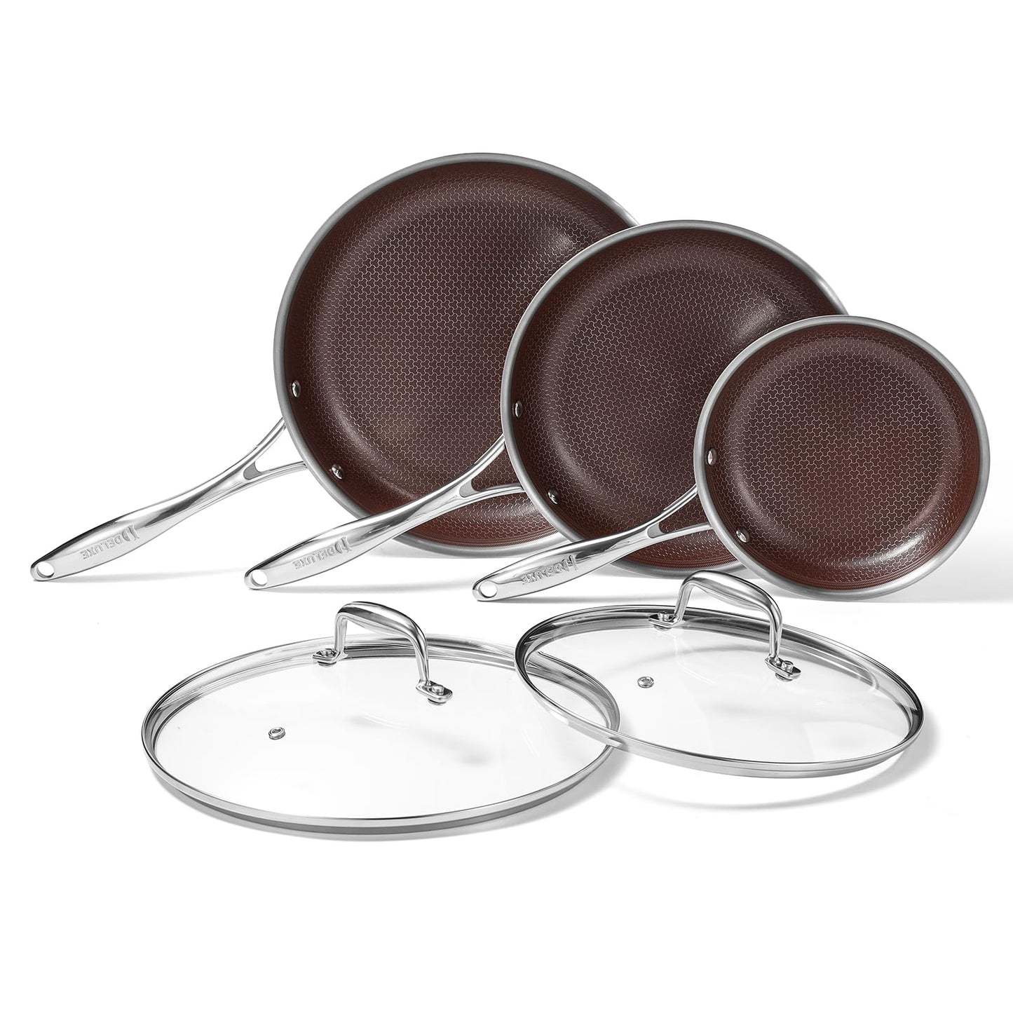 DELUXE Hybrid Ceramic Nonstick 5-PC Fry Pan Set,8,10,12 Inch Frying Pans with Tempered Glass Lid,Stay-Cool Handle, Dishwasher Safe, Works on All Stovetops Induction for Home Daily Cooking (Burgundy)