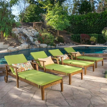 Great Deal Furniture Daisy Outdoor Teak Finish Chaise Lounge with Green Water Resistant Cushion (Set of 4),303882
