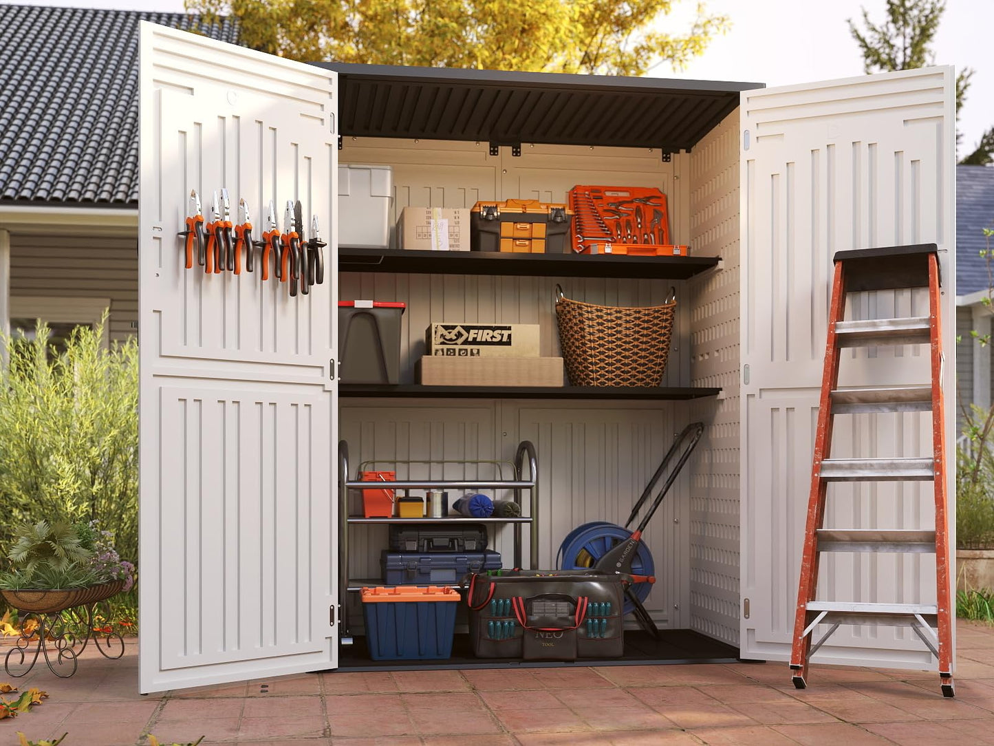 EHHLY Vertical Resin Storage Shed, 60 Cuft Garden Tool Sheds & Outdoor Storage, Plastic Outdoor Storage Cabinet Waterproof, 4.5 x 2.3 ft Backyard Outside Lawn Mower Storage Shed, Light Grey