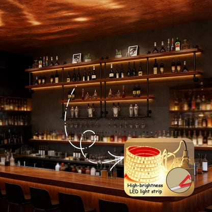 TAUODUYY 51.1in Large Wine Rack with LED Light, 4 Tiers Solid Wood Wall Mounted Wine Rack, Industrial Liquor Bottles Floating Shelves with Glass Holder for Home Bar/Dining Room (51.1in/130cm)