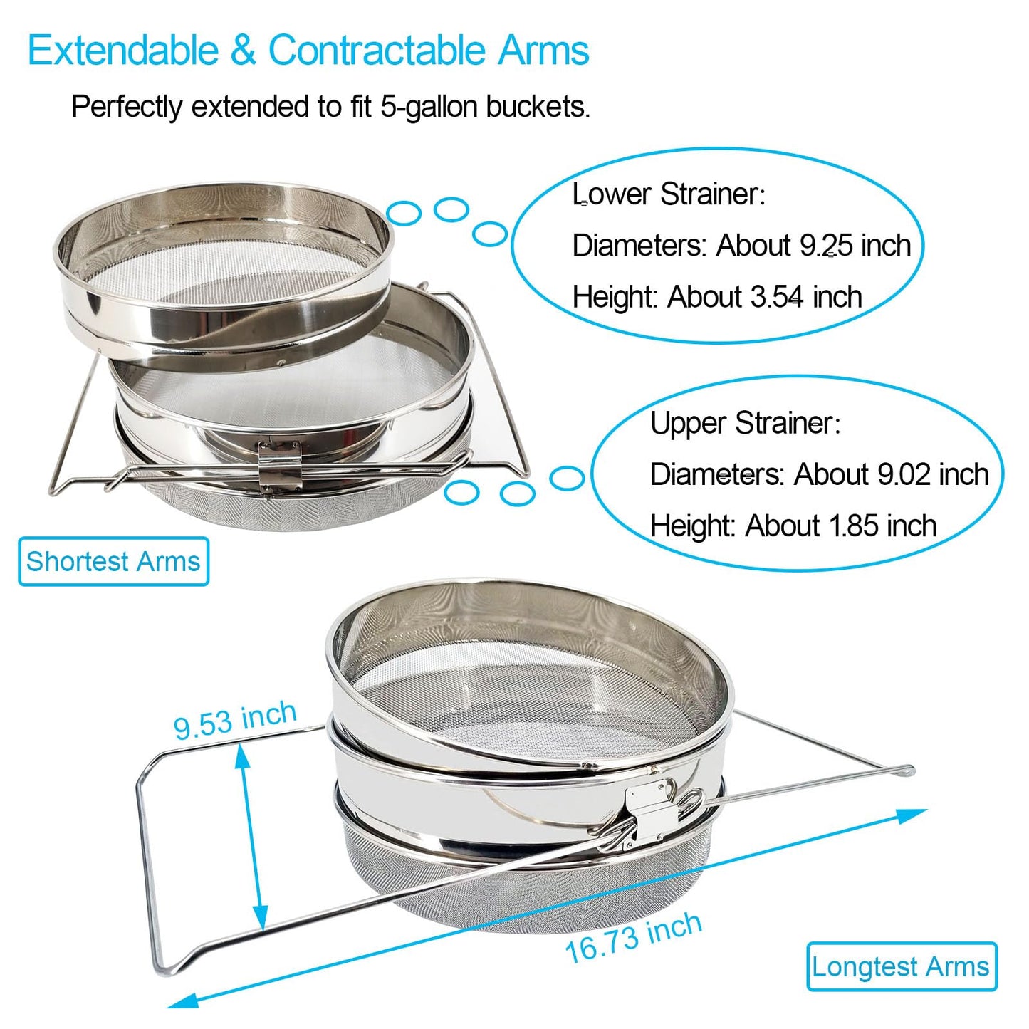 NIZEFEI Double Sieve Honey Strainer for 5 Gallon Bucket Stainless Steel Honey Filter with Up to 16.5 inches Extendable Arms Honey Processing Equipment