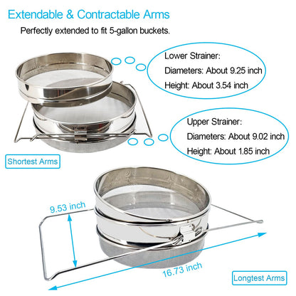 NIZEFEI Double Sieve Honey Strainer for 5 Gallon Bucket Stainless Steel Honey Filter with Up to 16.5 inches Extendable Arms Honey Processing Equipment